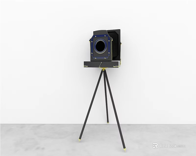 Vintage Digital Camera On Tripod Stand With White Wall And Gray Floor 3d model 