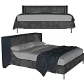 Modern Upholstered Double Bed With Gray Blue Headboard And Soft Blanket 3d model