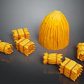 Rural Landscape Featuring Large Straw Stack And Small Straw Bales In Countryside View 3d model