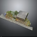 Small Building Exterior With Green Plants And Fallen Leaves On Stone Pathway