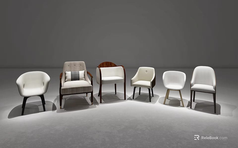 Various Modern Accent Chairs With Diverse Designs Showcased In Gray Display Space 3d model 