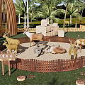 Park Landscape With Circular Wooden Fence Deer Sculptures Palm Trees And Green Grass