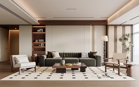 Modern Middle-ancient Style Living Room Without Main Lamp Living Room Sofa Coffee Table Combination Fabric Sofa Solid Wood Sofa Background Wall Balcony Cabinet Plant Potted Plant Decorative Cabinet 3d model