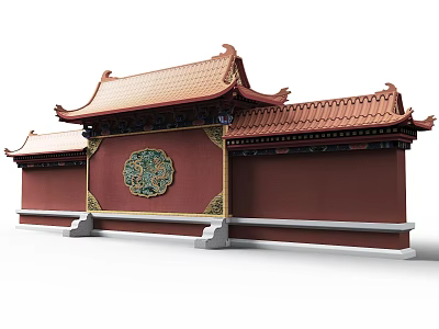 Traditional Chinese Scenic Wall Featuring Red Surface Golden Decorations Circular Green Pattern And Curved Eaves 3d model