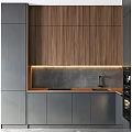 Modern Kitchen Interior With Wooden Cabinets LED Strip Lighting And Concrete Backsplash