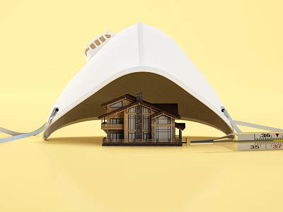 Cartoon Scene of Small Wooden Cabin Under White Cover Resembling Mask with Yellow Background 3d model