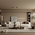 Modern Living Room Interior With White Sofa Wooden Coffee Table Decorative Painting And Bookshelf