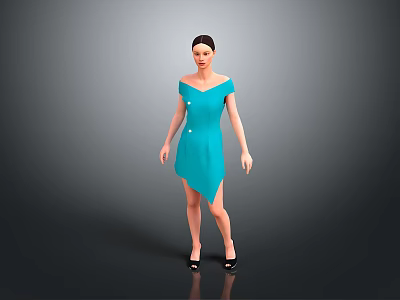 Woman In Teal Off Shoulder Dress With Asymmetric Hem Button Details And Black High Heels 3d model