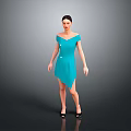 Woman In Teal Off Shoulder Dress With Asymmetric Hem Button Details And Black High Heels