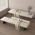 Light Beige Upholstered Sofa Bench With Black Metal Legs Blanket Vase And Magazine