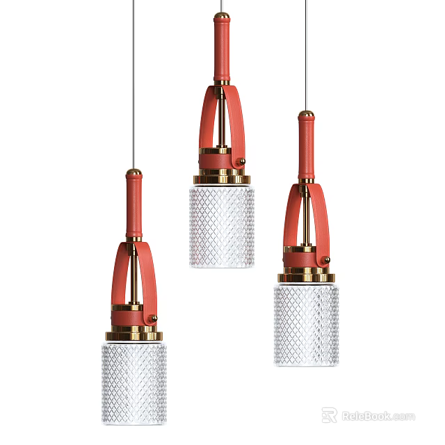 Modern Pendant Lights With Red Gold Accents And Textured Glass Shades 3d model 