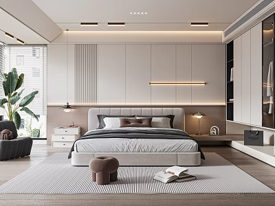 Modern Bedroom Interior Design With Large Bed Nightstand Table Lamp And Rug 3d model