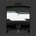 Sportsmen Towable Recreational Vehicle With White Black Striped Exterior Windows Door And Black Roof Vents