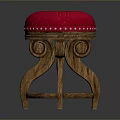 Traditional Wooden Stool With Red Padded Seat And Decorative Studs On Curved Legs