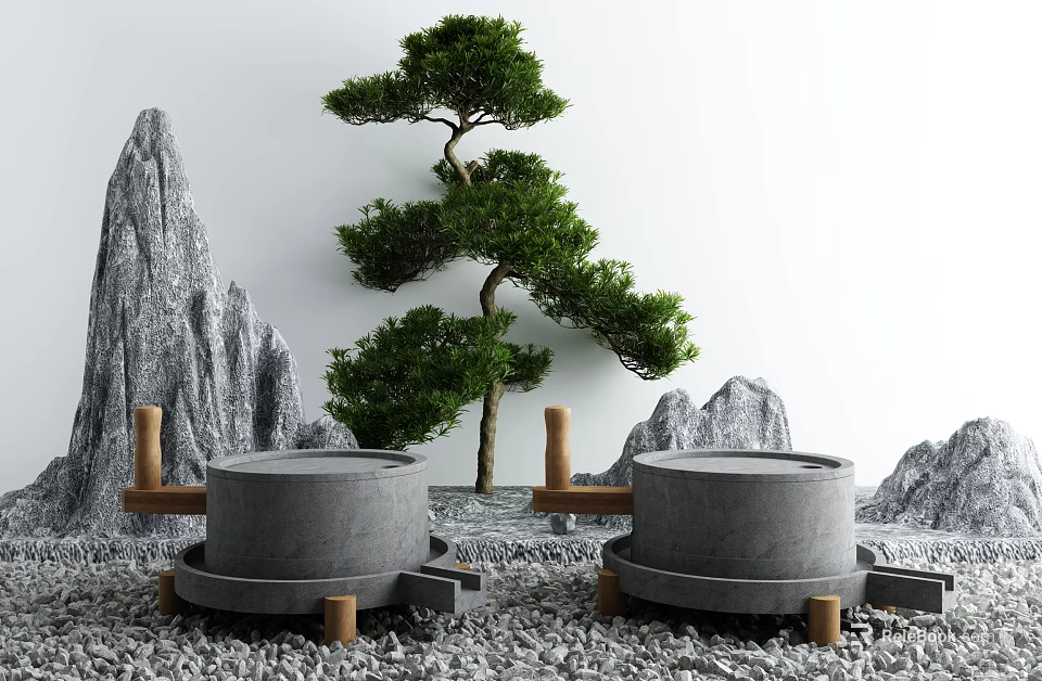 Garden Ornaments With Two Stone Mills Bonsai Tree And Rocky Mountains On Gravel Base 3d model 