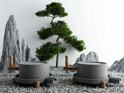 Garden Ornaments With Two Stone Mills Bonsai Tree And Rocky Mountains On Gravel Base 3d model