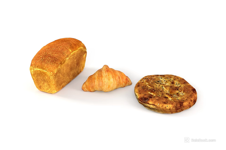 Fresh Baked Bread Loaf Croissant And Savory Flatbread On White Background 3d model 