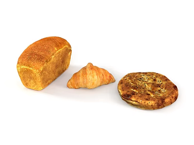 Fresh Baked Bread Loaf Croissant And Savory Flatbread On White Background 3d model