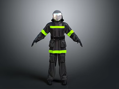 Black Firefighter Uniform With Yellow Reflective Stripes And Protective Helmet 3d model