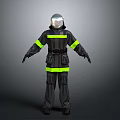 Black Firefighter Uniform With Yellow Reflective Stripes And Protective Helmet