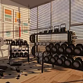 Sports Equipment For Indoor Gym With Elliptical Trainer Dumbbell Rack Multiple Dumbbells Framed Artworks And Window Blinds