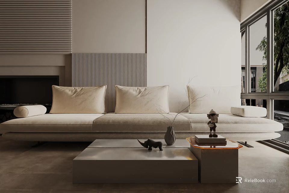 Modern Cream Three Seater Sofa In Living Room With Coffee Table And Decor Items 3d model 