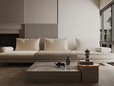 Modern Cream Three Seater Sofa In Living Room With Coffee Table And Decor Items 3d model