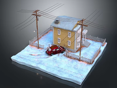 Winter scene car stone house wooden fence street light power line snow 3d model