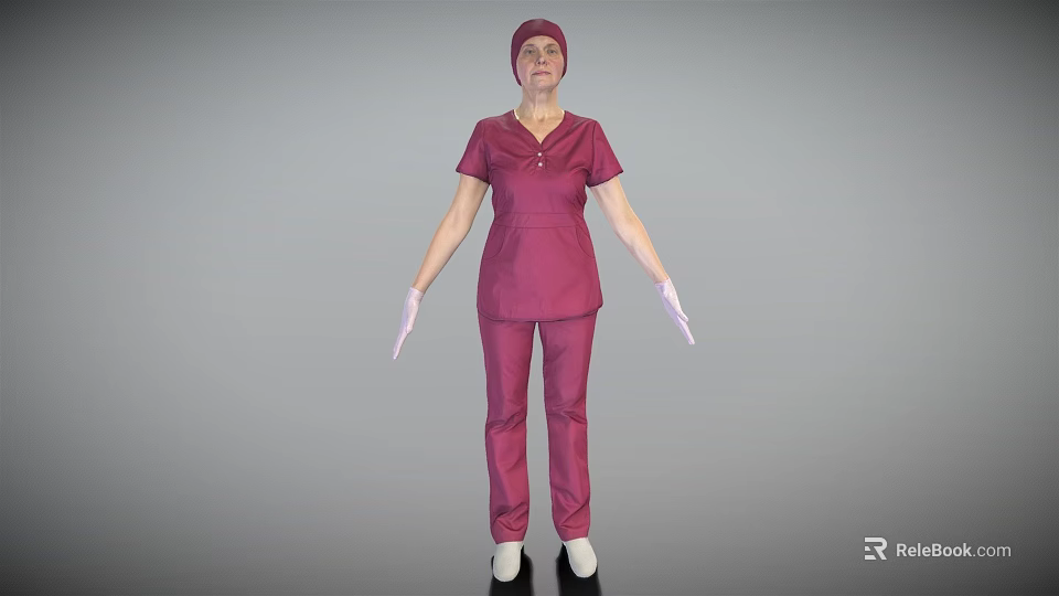 Woman in maroon medical scrub suit with cap and gloves standing professionally 3d model 