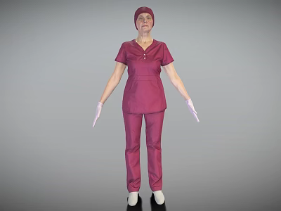 Woman in maroon medical scrub suit with cap and gloves standing professionally 3d model