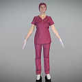 Woman in maroon medical scrub suit with cap and gloves standing professionally
