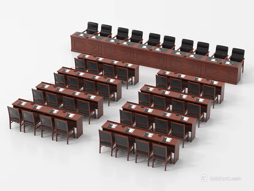 Wooden Conference Tables With Black Chairs In Orderly Meeting Room Layout 3d model 