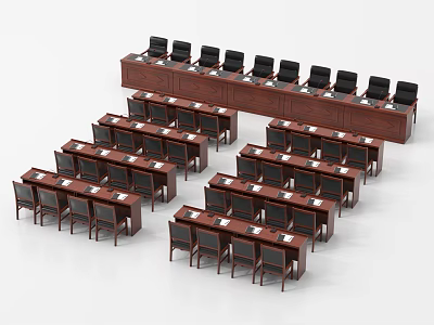 Wooden Conference Tables With Black Chairs In Orderly Meeting Room Layout 3d model