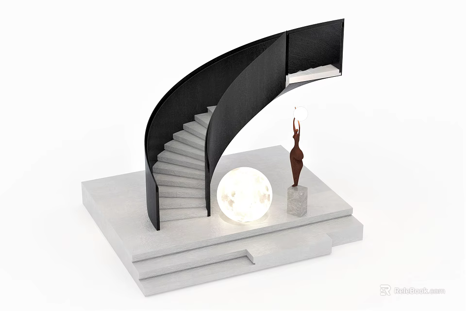 Elegant Modern Spiral Staircase With Black Railing White Steps Sculpture And Spherical Lamp 3d model 