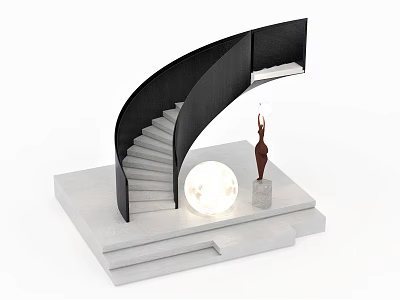Elegant Modern Spiral Staircase With Black Railing White Steps Sculpture And Spherical Lamp 3d model