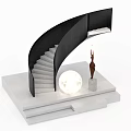 Elegant Modern Spiral Staircase With Black Railing White Steps Sculpture And Spherical Lamp