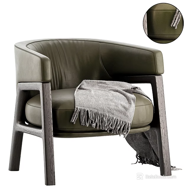Elegant Luxury Green Leather Accent Chair With Wooden Frame And Knitted Throw 3d model 