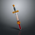 Decorative Medieval Sword With Black Hilt Golden Accents And Red Scabbard Design
