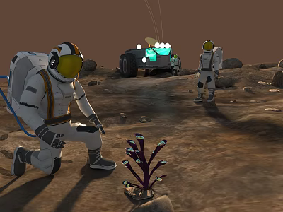 Astronaut Kneeling On Mars Surface Examining Purple Plant With Colleague And Rover Nearby 3d model