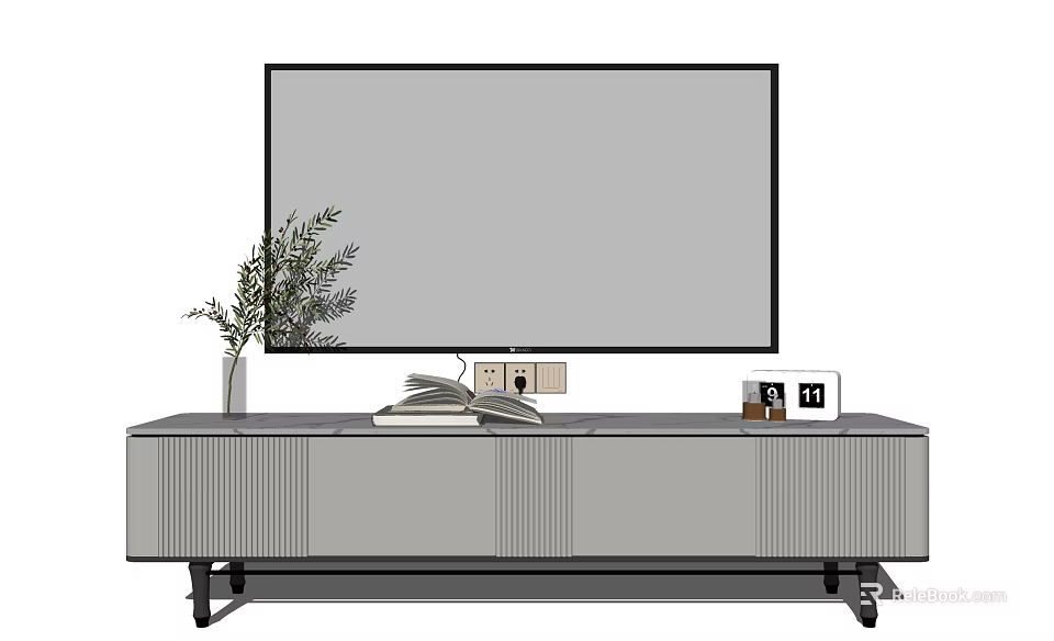 Modern TV Stand with Large Screen TV Green Plant Books and Photo Frames 3d model 