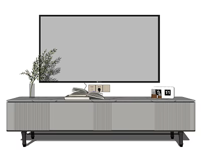 Modern TV Stand with Large Screen TV Green Plant Books and Photo Frames 3d model
