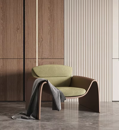 Green Modern Leisure Chair With Gray White Blanket In Wooden Stripe Wall Interior 3d model