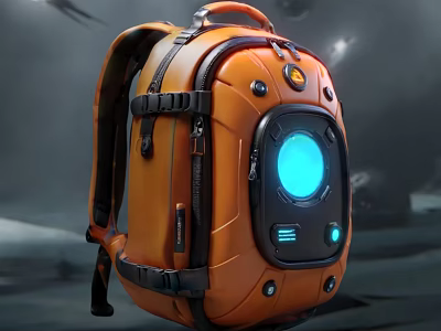 Orange Backpack With Blue Glowing Circular Window Black Straps And Functional Buttons 3d model