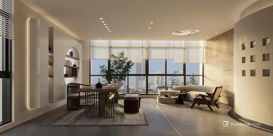 Elegant Modern Mall Shop Open Living Area With Large Windows Sofa Green Plants City View 3d model 