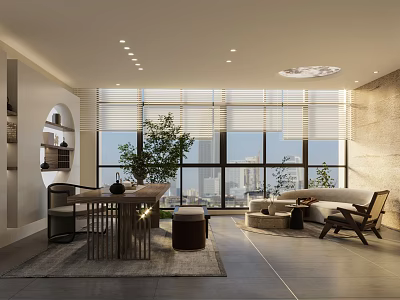 Elegant Modern Mall Shop Open Living Area With Large Windows Sofa Green Plants City View 3d model
