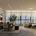 Elegant Modern Mall Shop Open Living Area With Large Windows Sofa Green Plants City View