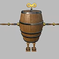 Wooden Barrel Robot Figure With Round Eyes Outstretched Arms And Brass Accents