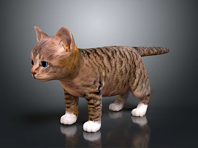 Cute Tabby Kitten With Blue Eyes And White Paws On Gray Background 3d model