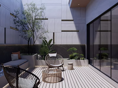 Modern Courtyard Garden Design With Wicker Chairs Wooden Deck And Green Plants 3d model