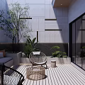 Modern Courtyard Garden Design With Wicker Chairs Wooden Deck And Green Plants